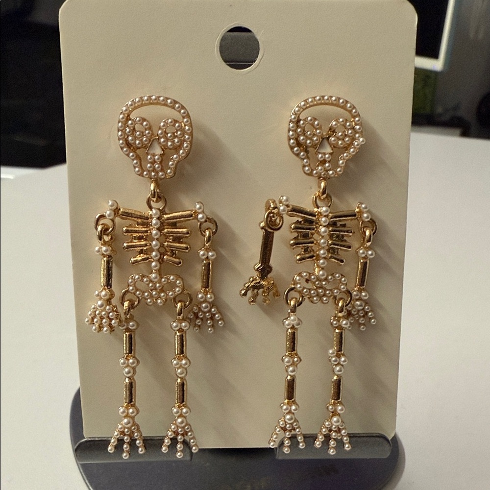 Gold and Pearl Skeleton Earrings